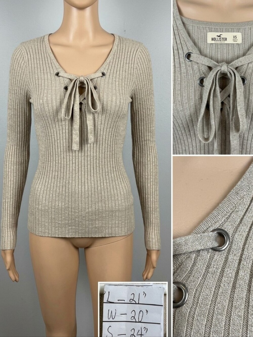 Hollister Ribbed Lace-Up V-Neck Sweater - Beige• Size XS